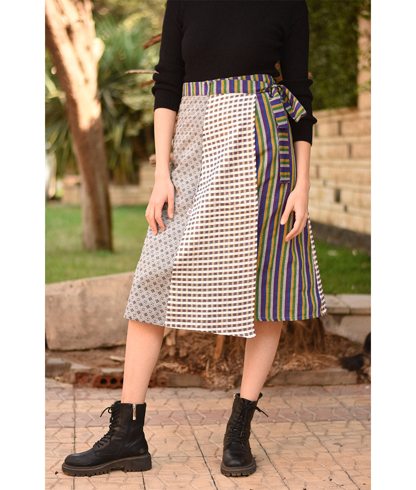 Grey & Multicolored Silk and Cotton Loom Woven Midi Wrap Skirt handmade in Egypt & available at Jozee Boutique.