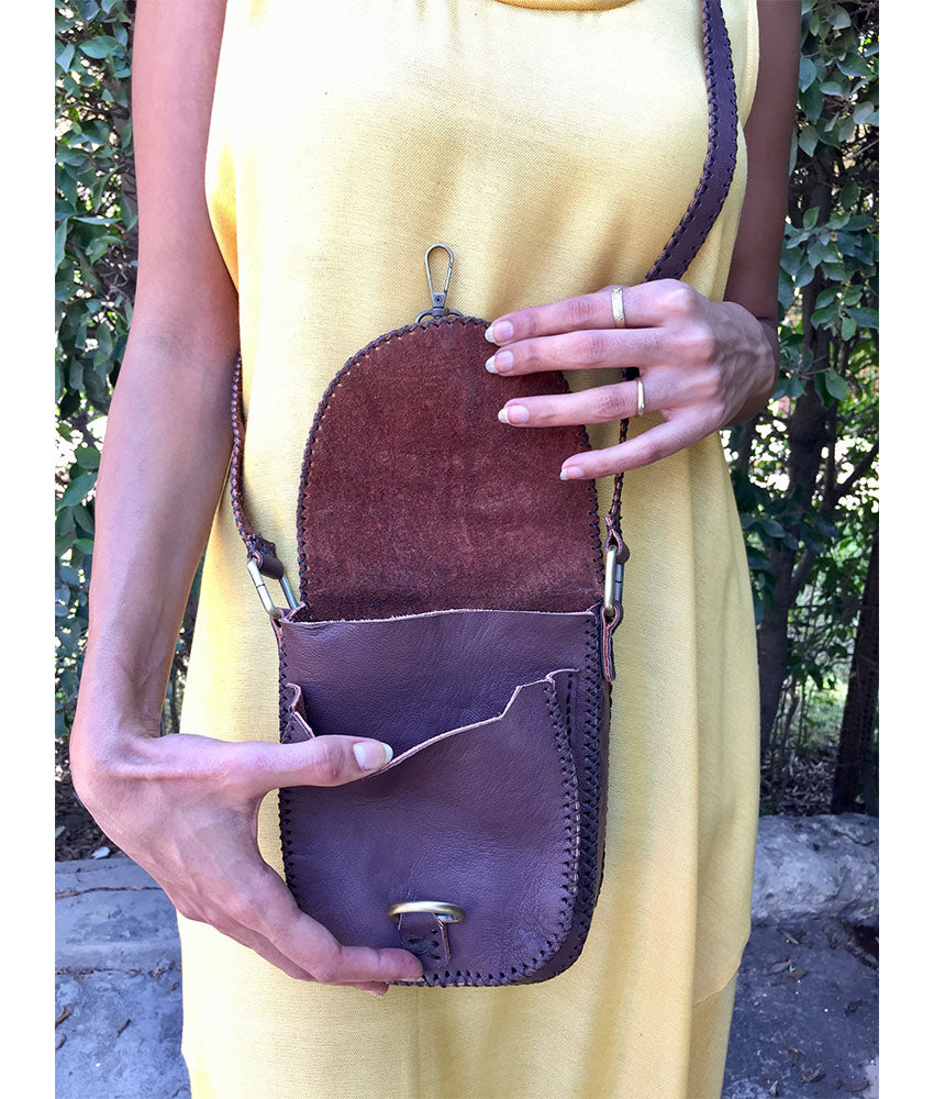 Brown Genuine Leather Cross Bag handmade in Egypt & available at Jozee Boutique.