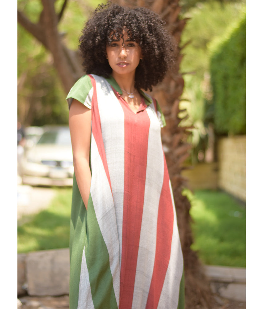Green & Multicolored Handwoven Ruffle Dress handmade in Egypt & available at Jozee Boutique.