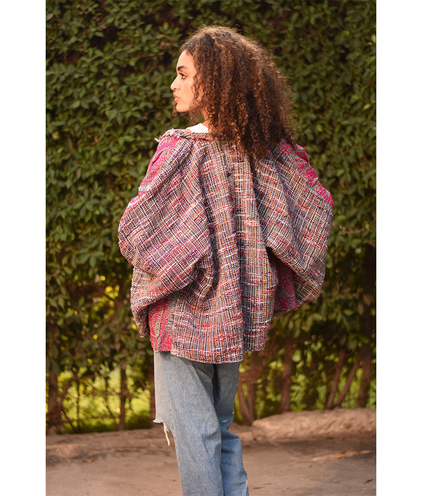 Fuchsia & Grey Handwoven Jacket handmade in Egypt & available at Jozee Boutique.