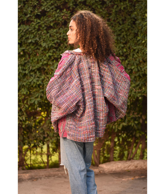 Fuchsia & Grey Handwoven Jacket handmade in Egypt & available at Jozee Boutique.