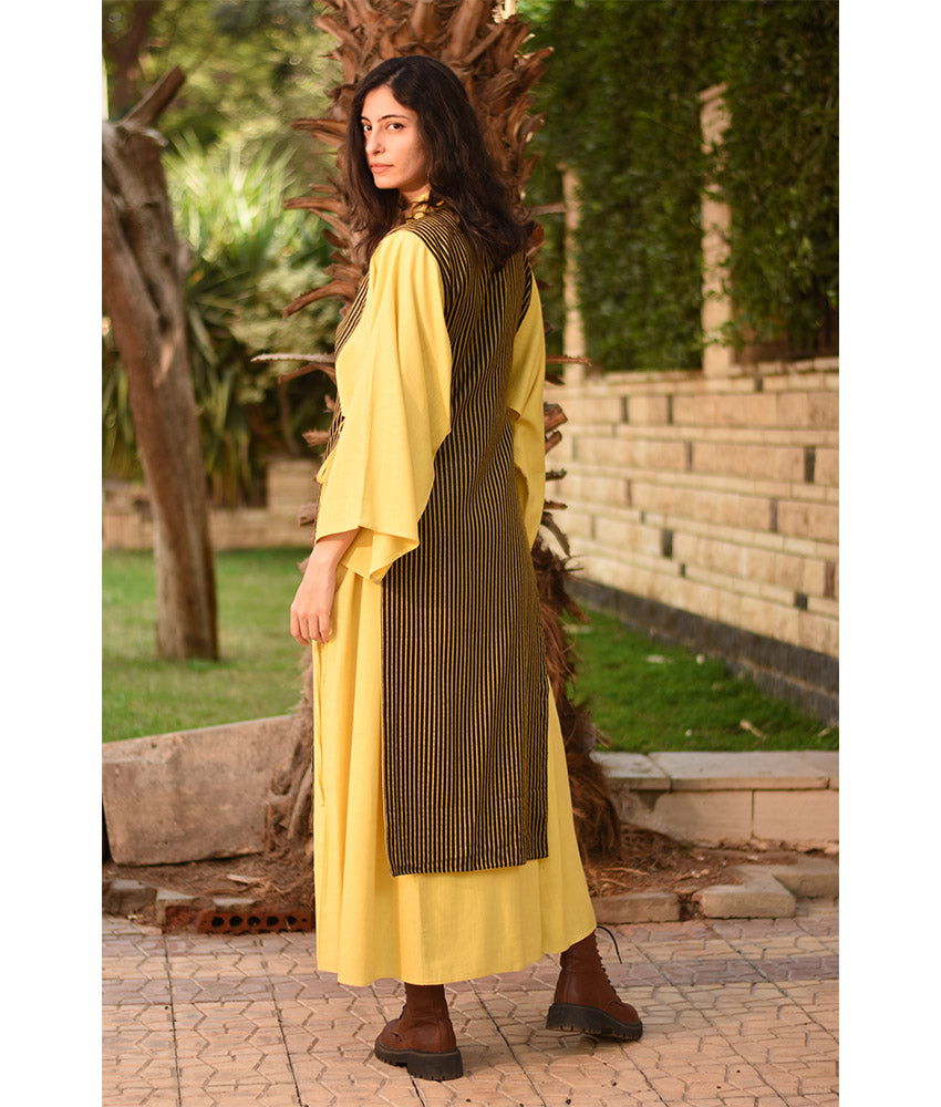 Yellow & Stripped Black Silk & Cotton Loom Woven Long Sleeve Tunic handmade in Egypt & available at Jozee Boutique.