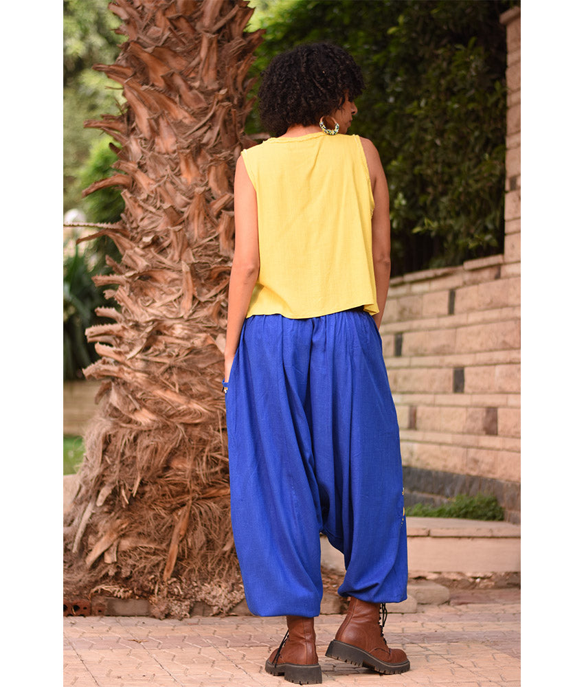 Electric Blue Siwa Embroidered Linen Harem Pants Handmade in Egypt & available at Jozee Boutique