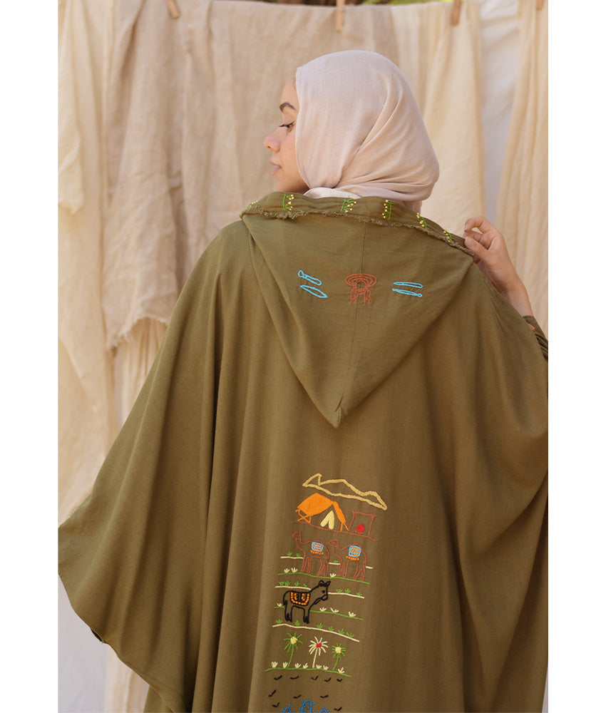Army green Hand Embroidered Linen Cardigan/Abaya with Hoodie handmade in Egypt & available at Jozee Boutique.