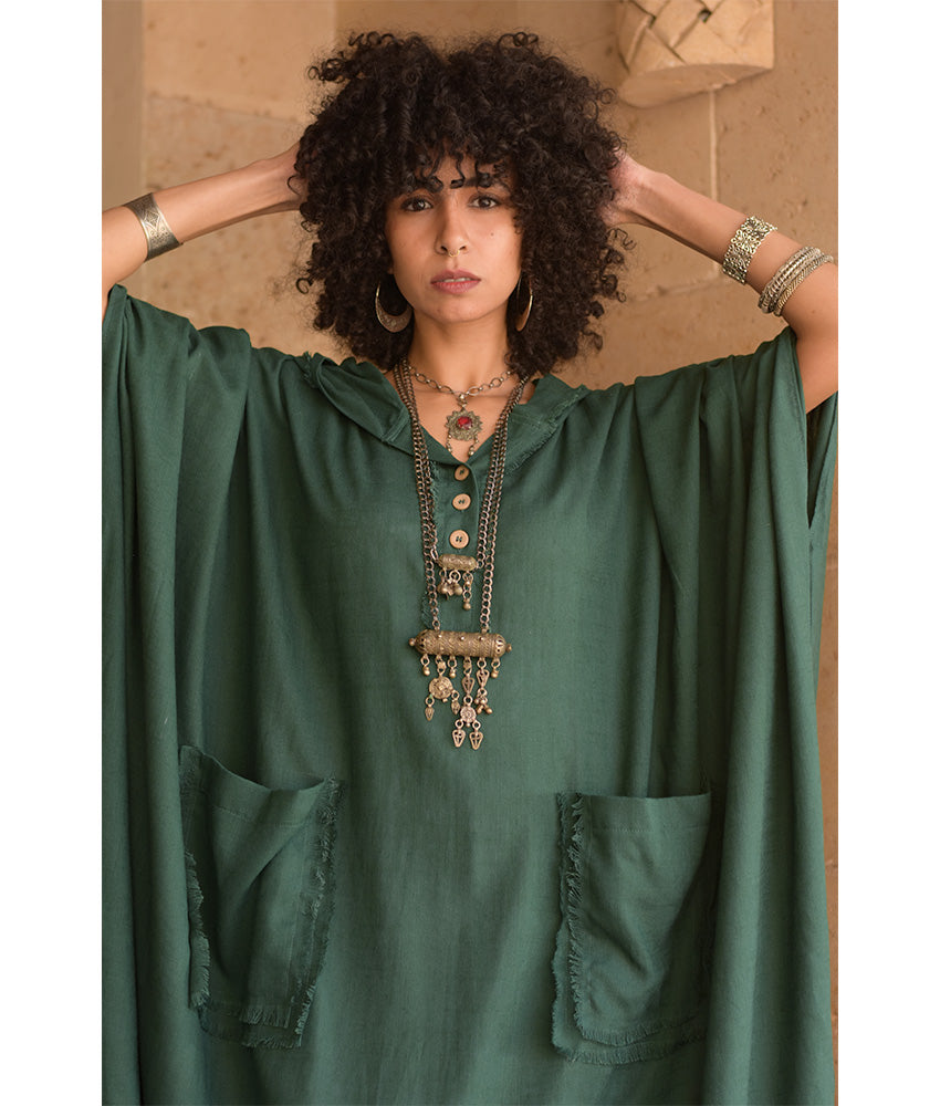 Emerald Green Linen Kaftan with Hoodie handmade in Egypt & available at Jozee Boutique.
