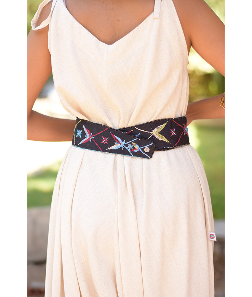 Black Saint Catherine Embroidered Thin Belt handmade in Egypt & available at Jozee Boutique.