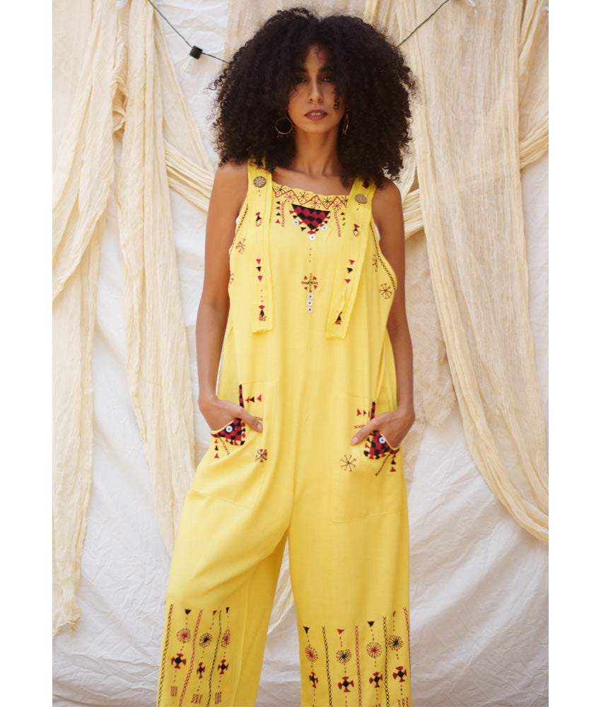 Yellow Siwa Embroidered Linen Jumpsuit