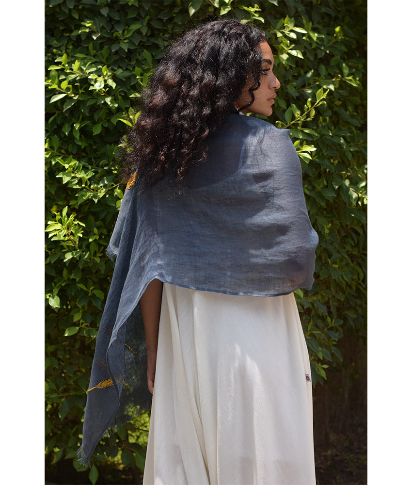 Denim Blue Embroidered Linen Shawl Handmade in Egypt & available at Jozee Boutique