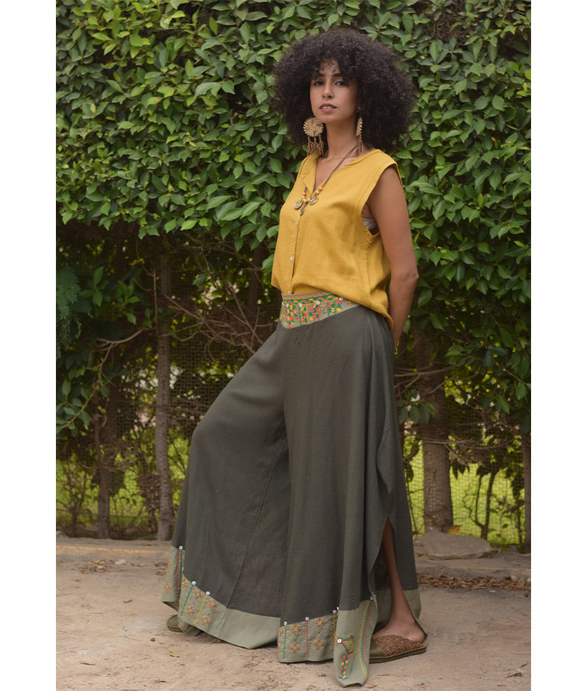 Dark Olive Green Siwa Embroidered Flowy Pants handmade in Egypt & available at Jozee Boutique.