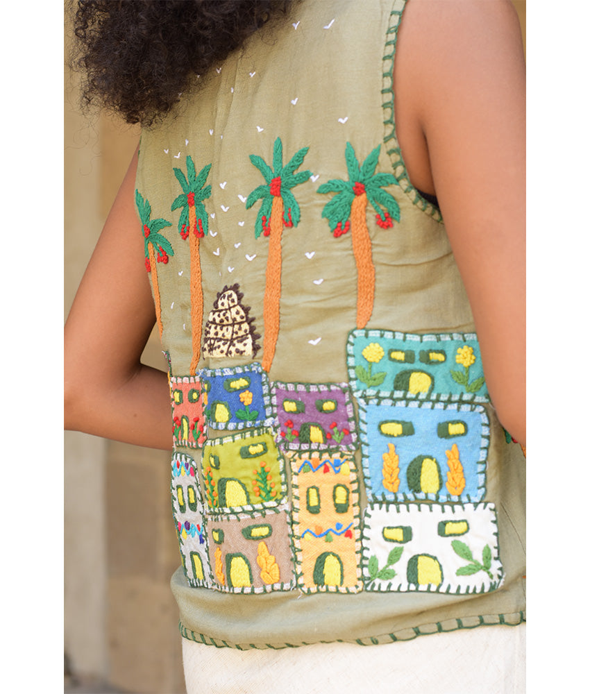 Dusty Olive Hand Embroideries Linen Vest - Fatoum