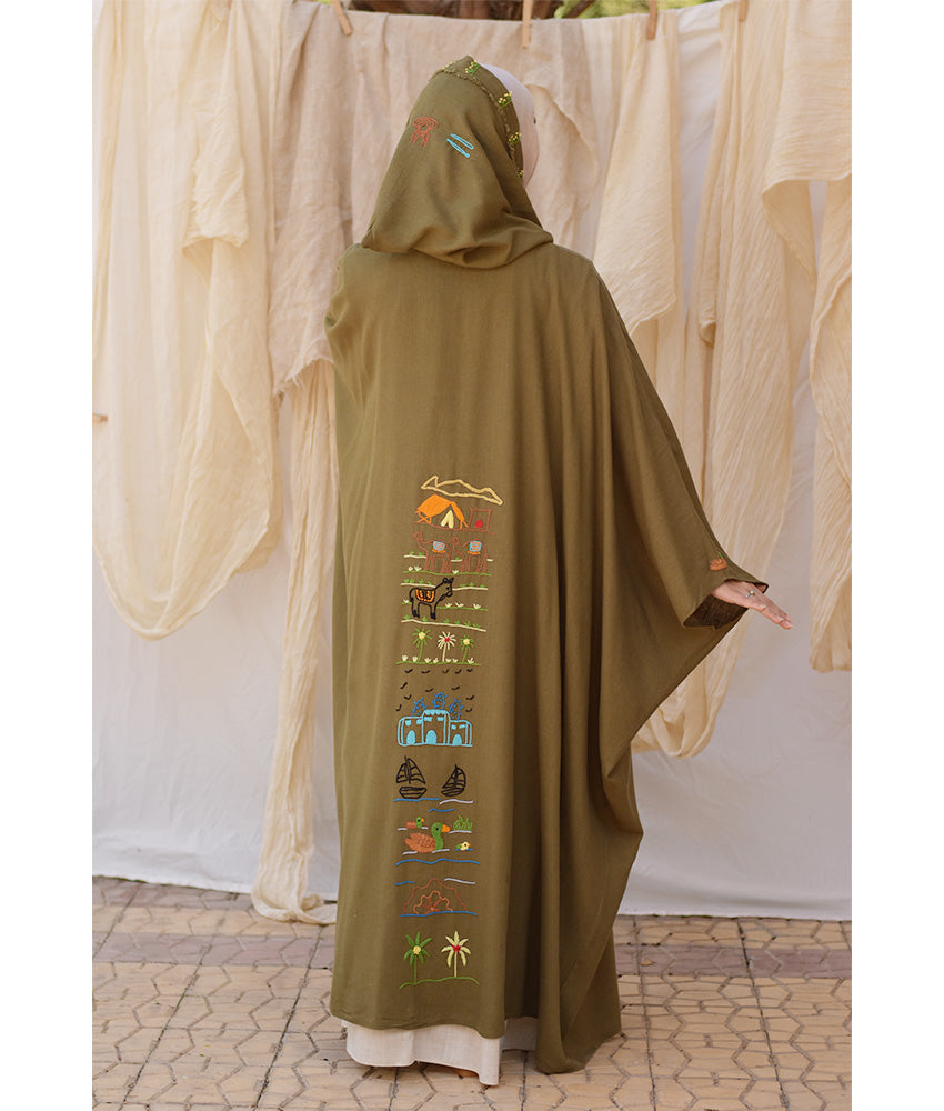 Army green Hand Embroidered Linen Cardigan/Abaya with Hoodie handmade in Egypt & available at Jozee Boutique.