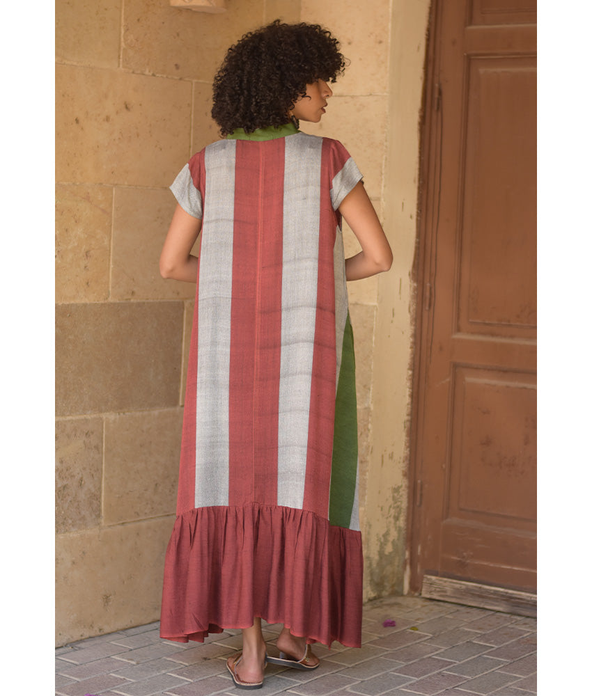 Brick red & Grey Handwoven Ruffle Dress Handmade in Egypt & available at Jozee Boutique