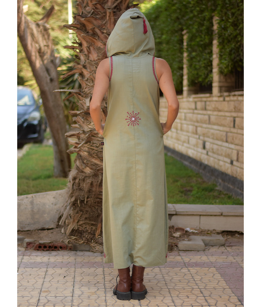Light olive Siwa Embroidered Linen Dress with Hoodie handmade in Egypt & available at Jozee Boutique.