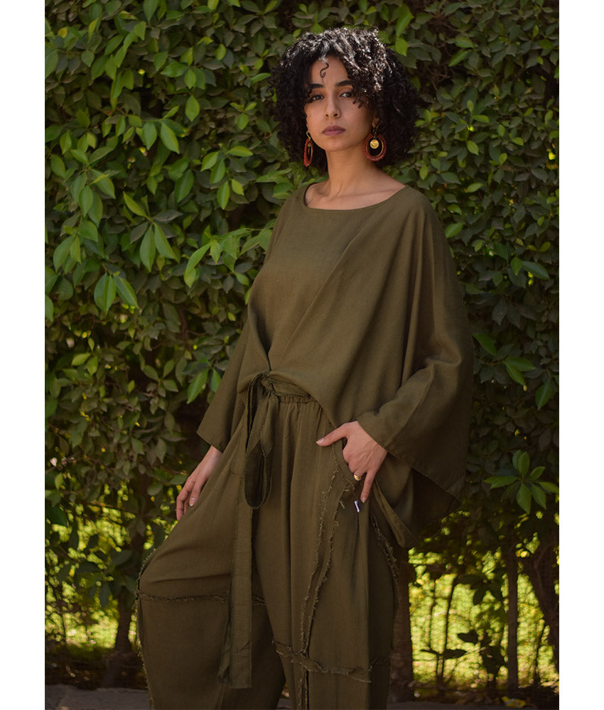 Army Green Kimono Linen Top handmade in Egypt & available at Jozee Boutique.