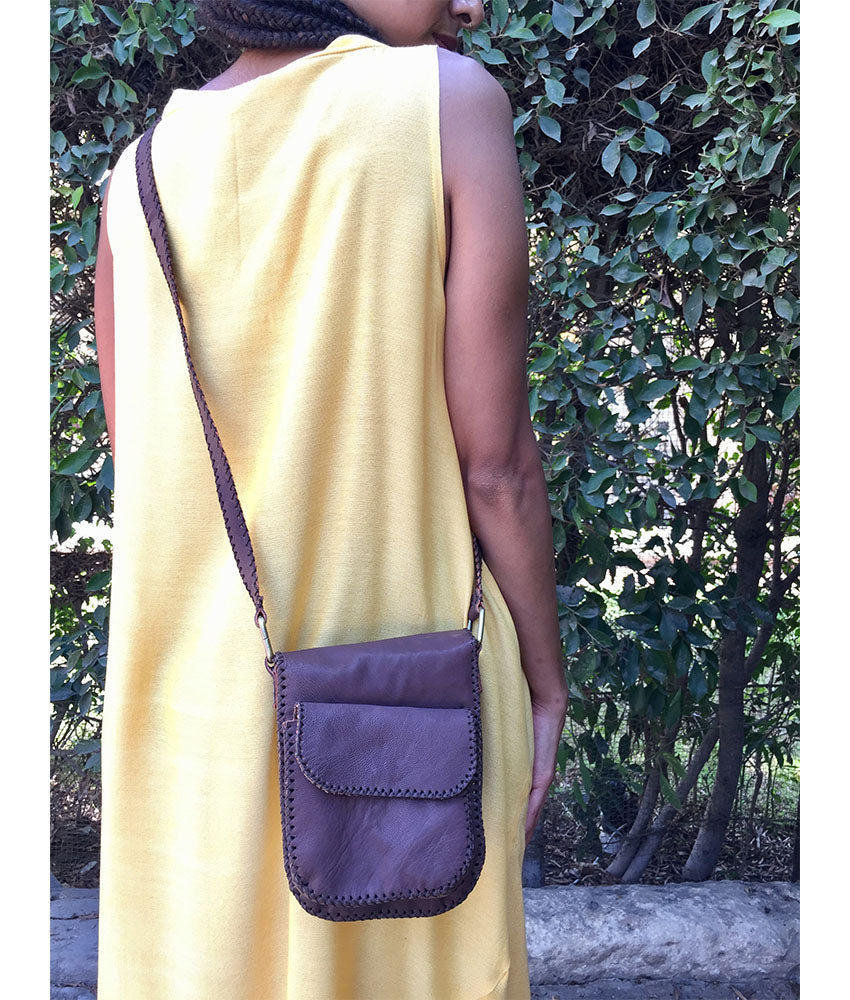 Brown Genuine Leather Cross Bag handmade in Egypt & available at Jozee Boutique.