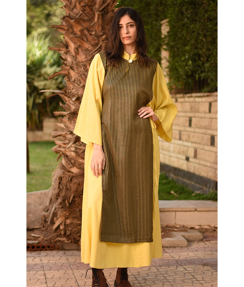 Yellow & Stripped Black Silk & Cotton Loom Woven Long Sleeve Tunic handmade in Egypt & available at Jozee Boutique.