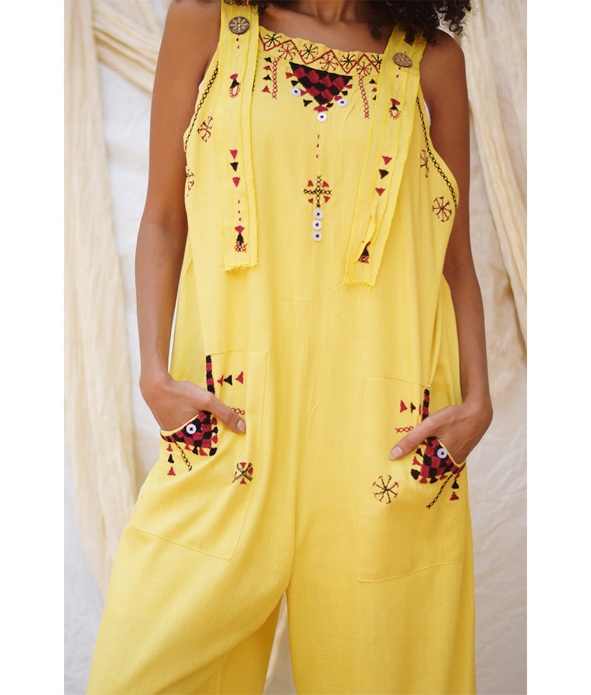 Yellow Siwa Embroidered Linen Jumpsuit