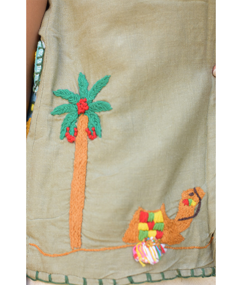 Dusty Olive Hand Embroideries Linen Vest - Fatoum