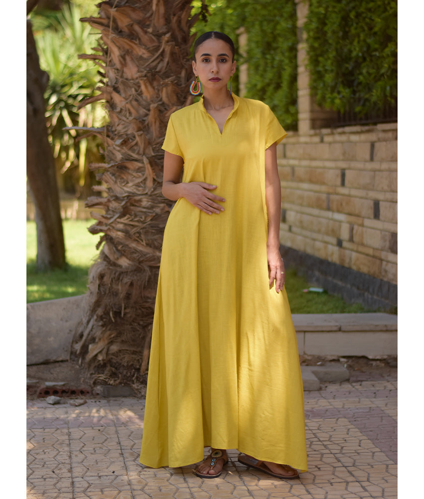 Mustard Linen Japanese Dress made in Egypt & available in Jozee boutique