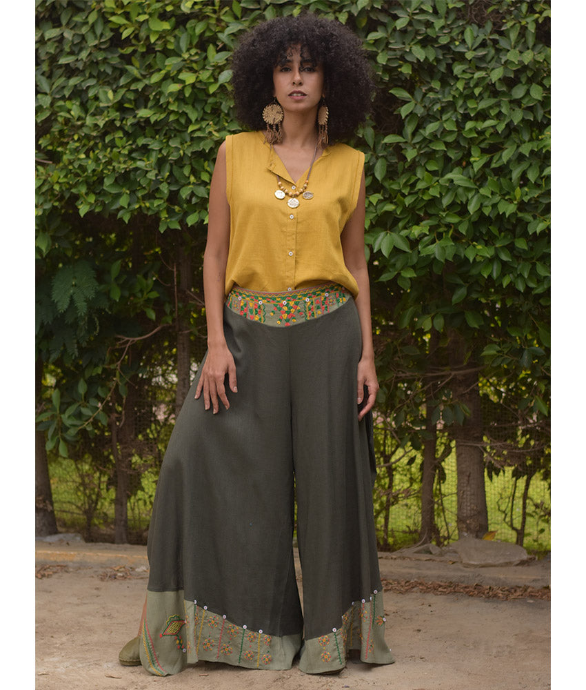 Dark Olive Green Siwa Embroidered Flowy Pants handmade in Egypt & available at Jozee Boutique.