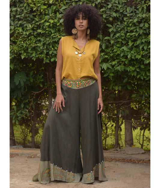 Dark Olive Green Siwa Embroidered Flowy Pants handmade in Egypt & available at Jozee Boutique.
