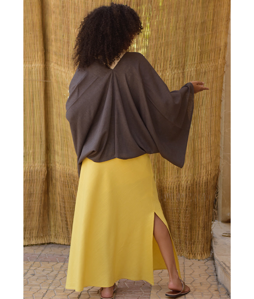 Mustard Linen Side-Slit Skirt with Elastic Waistband