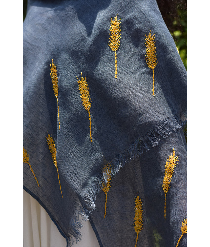 Denim Blue Embroidered Linen Shawl Handmade in Egypt & available at Jozee Boutique