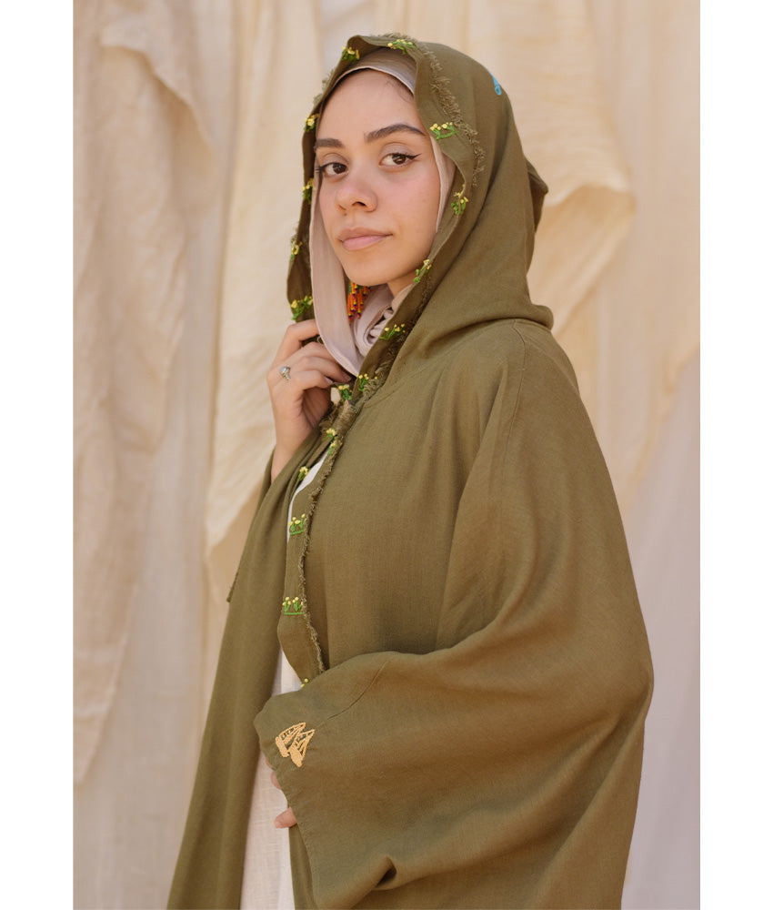 Army green Hand Embroidered Linen Cardigan/Abaya with Hoodie handmade in Egypt & available at Jozee Boutique.