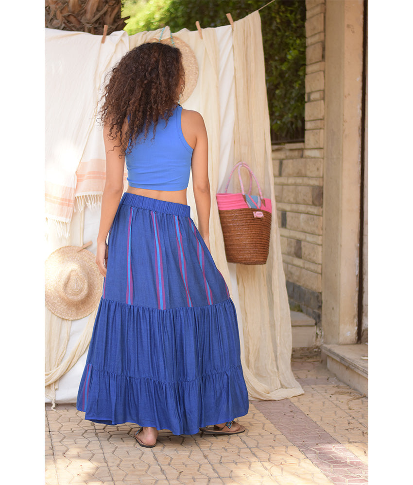 Blue Handwoven Ruffle Skirt handmade in Egypt & available at Jozee Boutique.