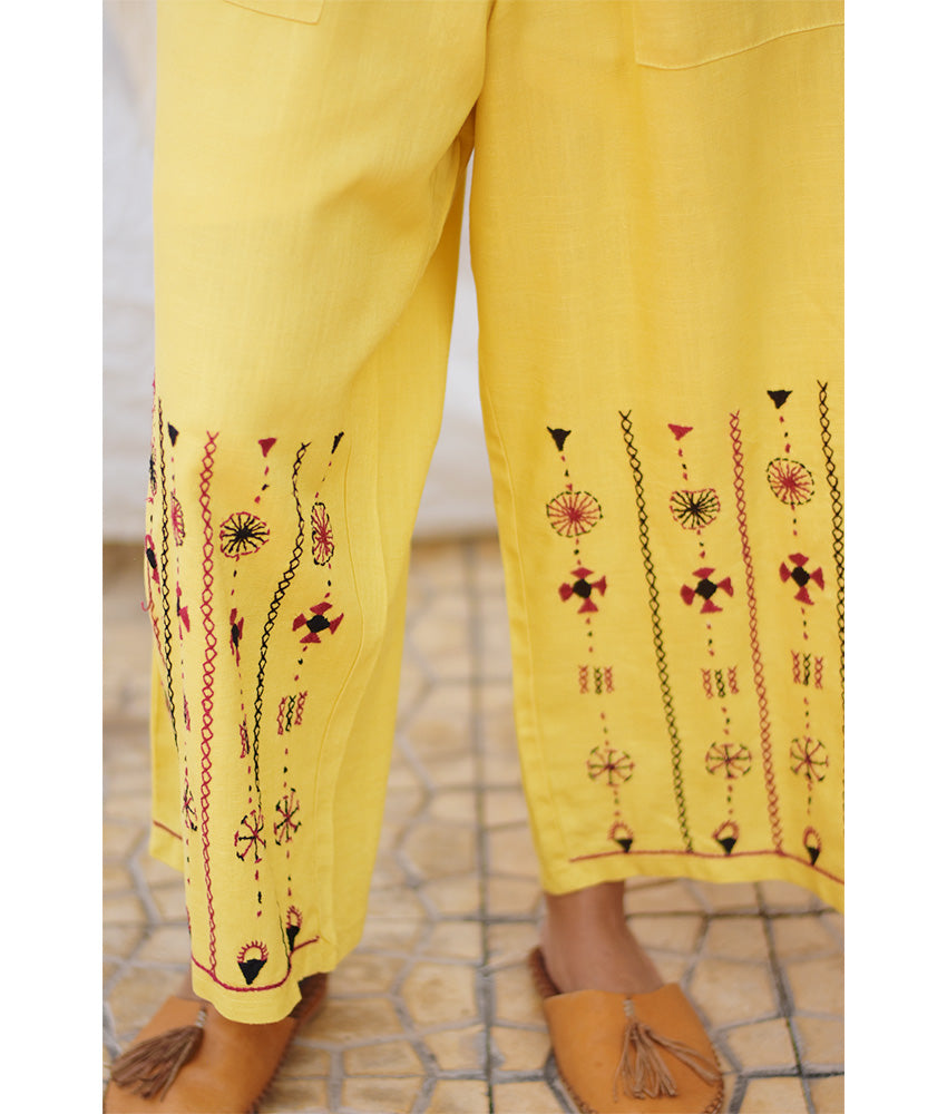 Yellow Siwa Embroidered Linen Jumpsuit