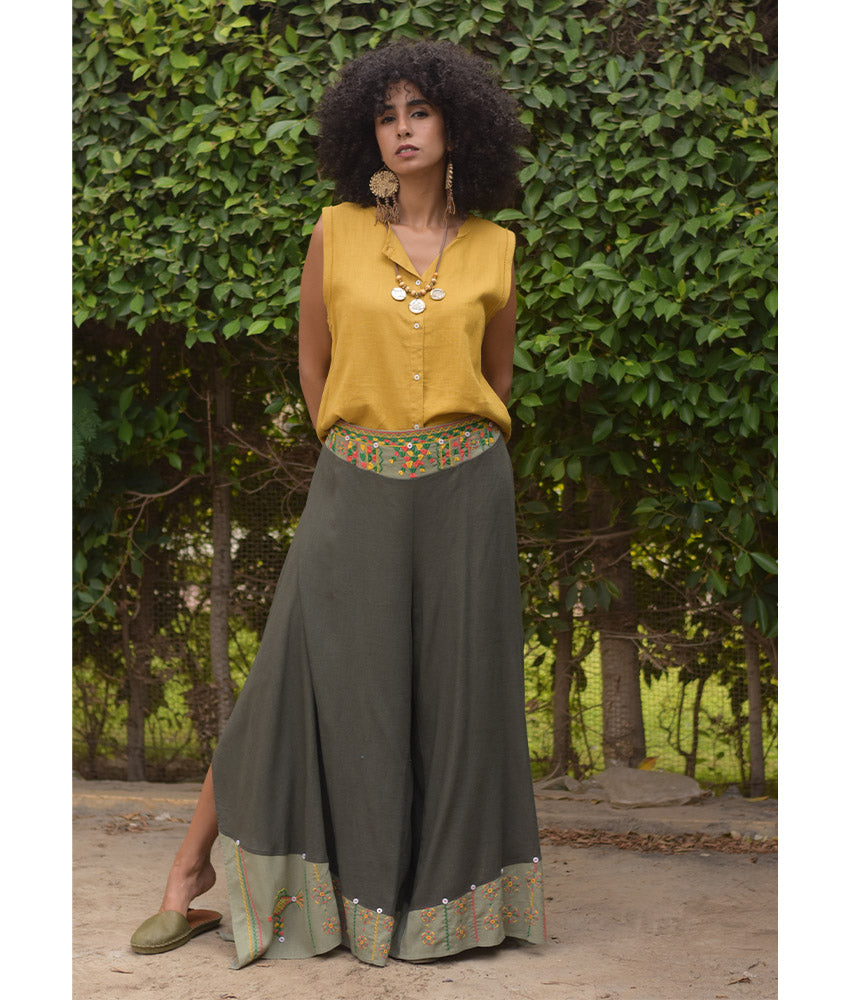 Dark Olive Green Siwa Embroidered Flowy Pants handmade in Egypt & available at Jozee Boutique.