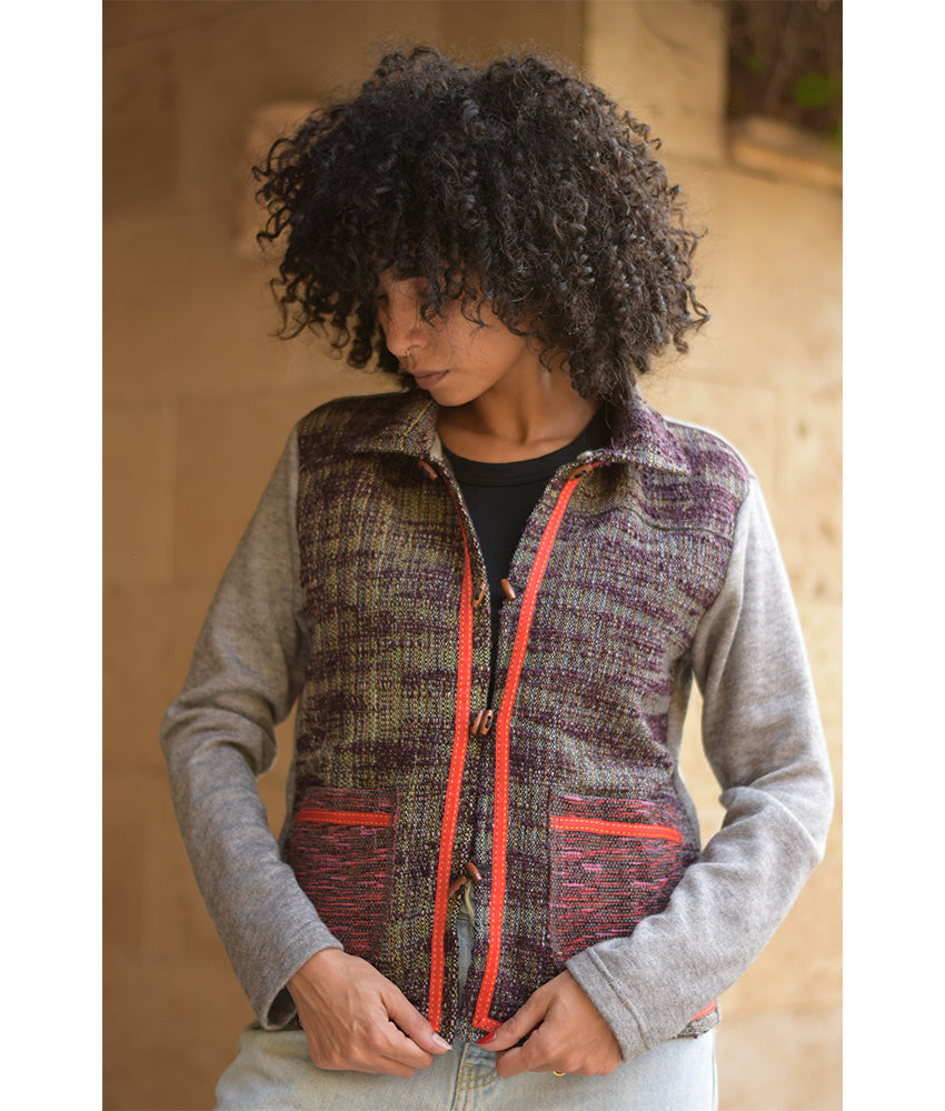 Grey & Multicolored Cropped Akhmim Loomwoven Jacket handmade in Egypt & available at Jozee Boutique.