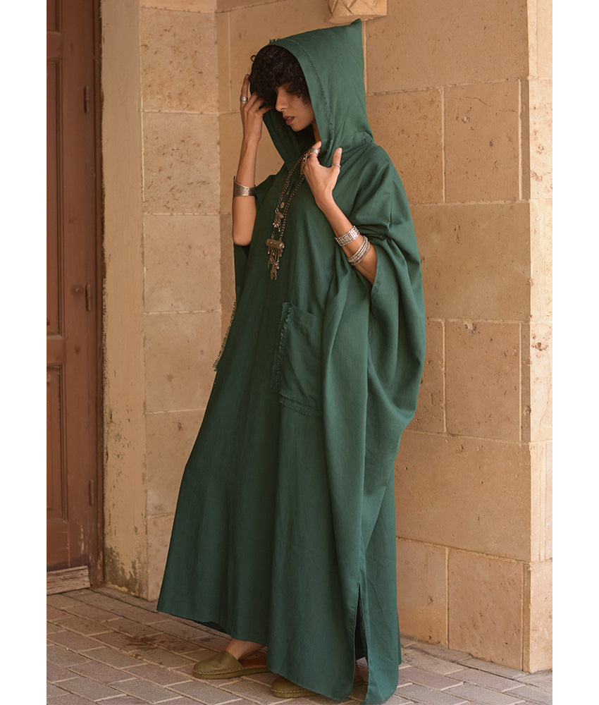 Emerald Green Linen Kaftan with Hoodie handmade in Egypt & available at Jozee Boutique.