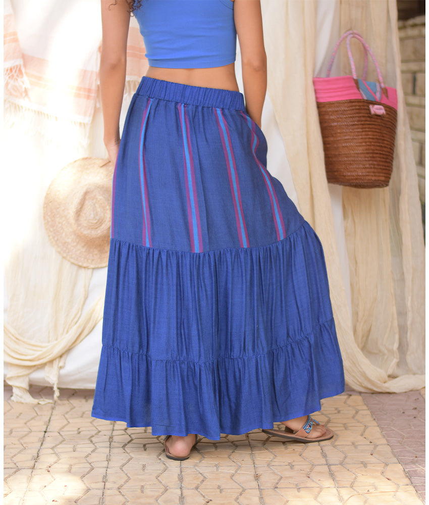 Blue Handwoven Ruffle Skirt handmade in Egypt & available at Jozee Boutique.