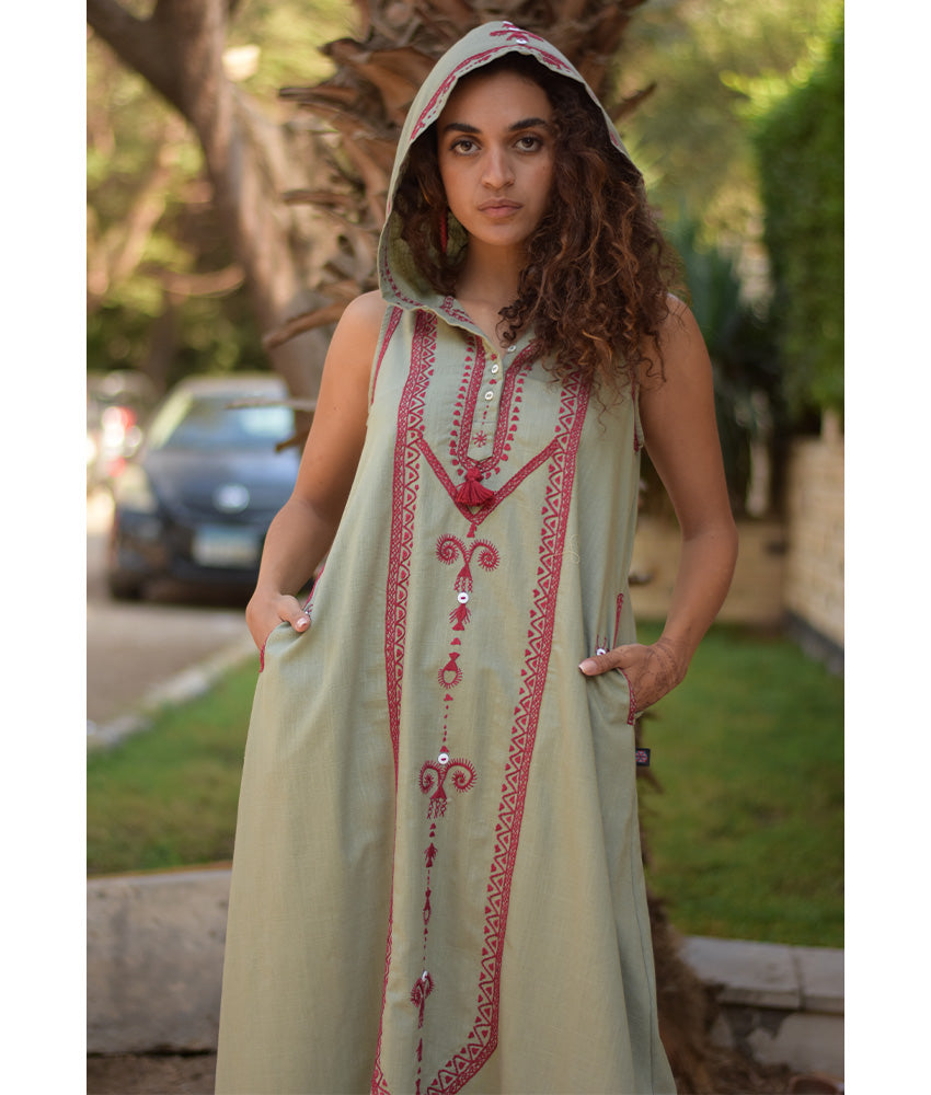 Light olive Siwa Embroidered Linen Dress with Hoodie handmade in Egypt & available at Jozee Boutique.