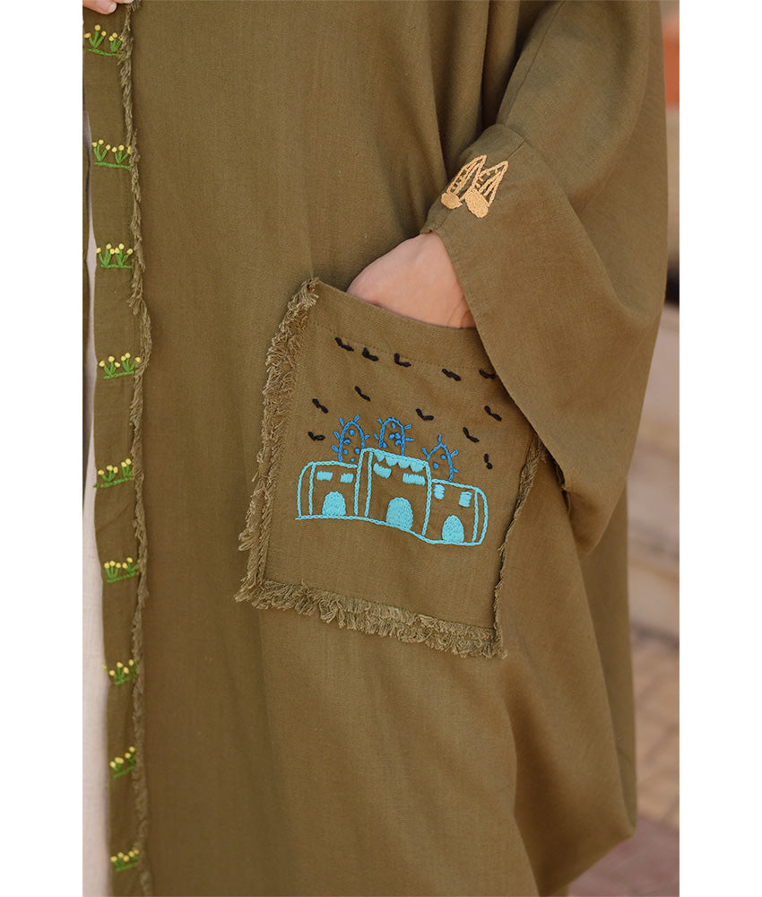 Army green Hand Embroidered Linen Cardigan/Abaya with Hoodie handmade in Egypt & available at Jozee Boutique.