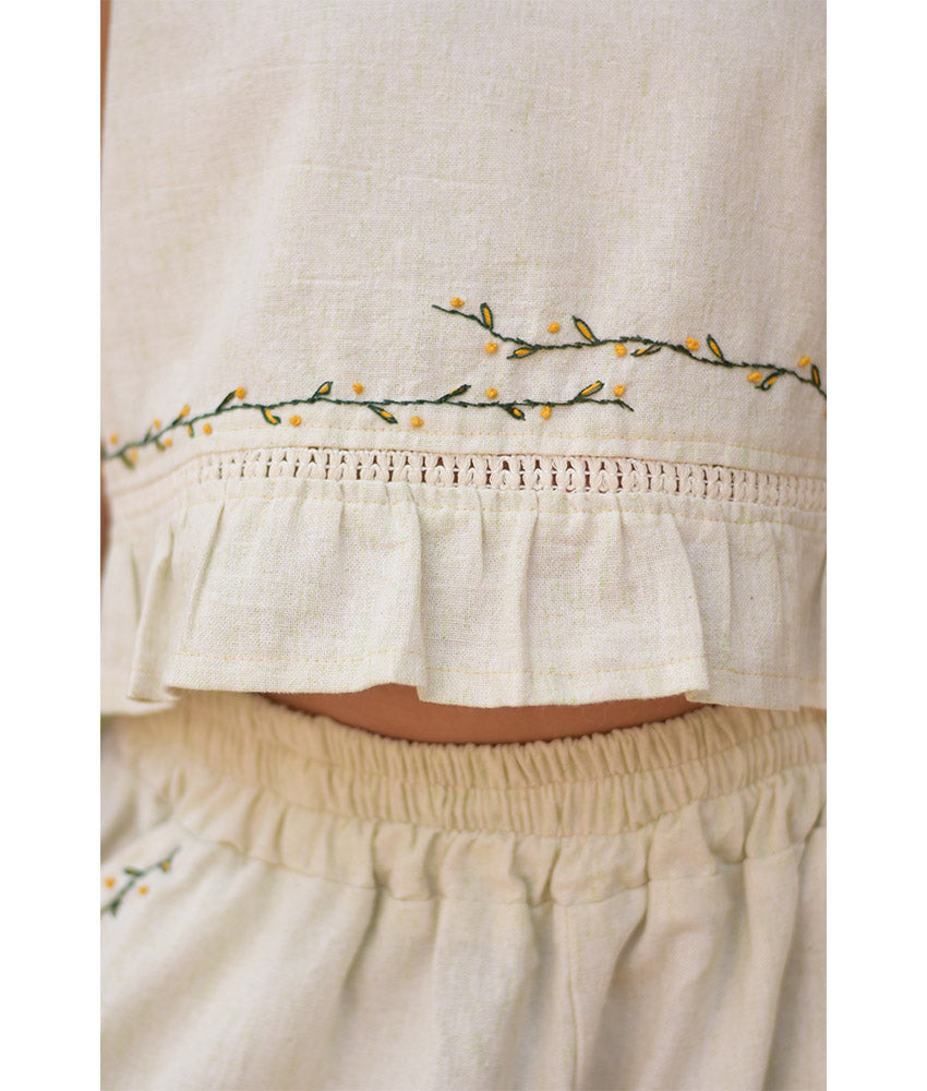 Off White Linen Set with Hand Embroideries handmade in Egypt & available at Jozee Boutique.