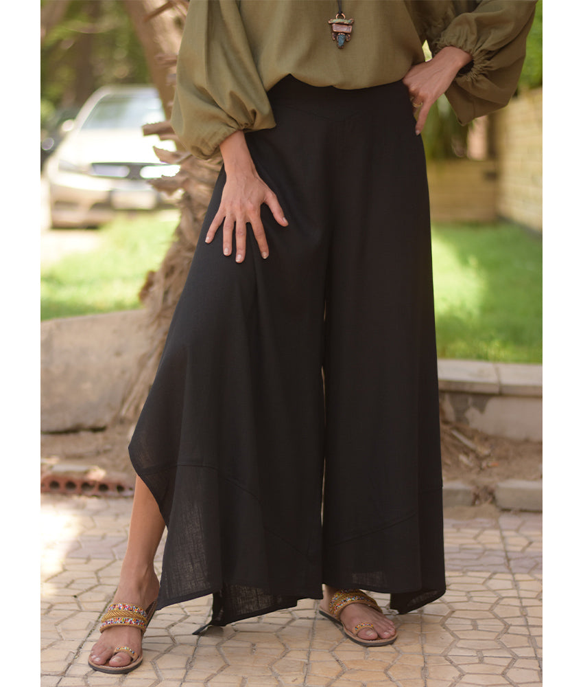 Black Linen Draped Wide-Leg Pants handmade in Egypt & available in Jozee boutique