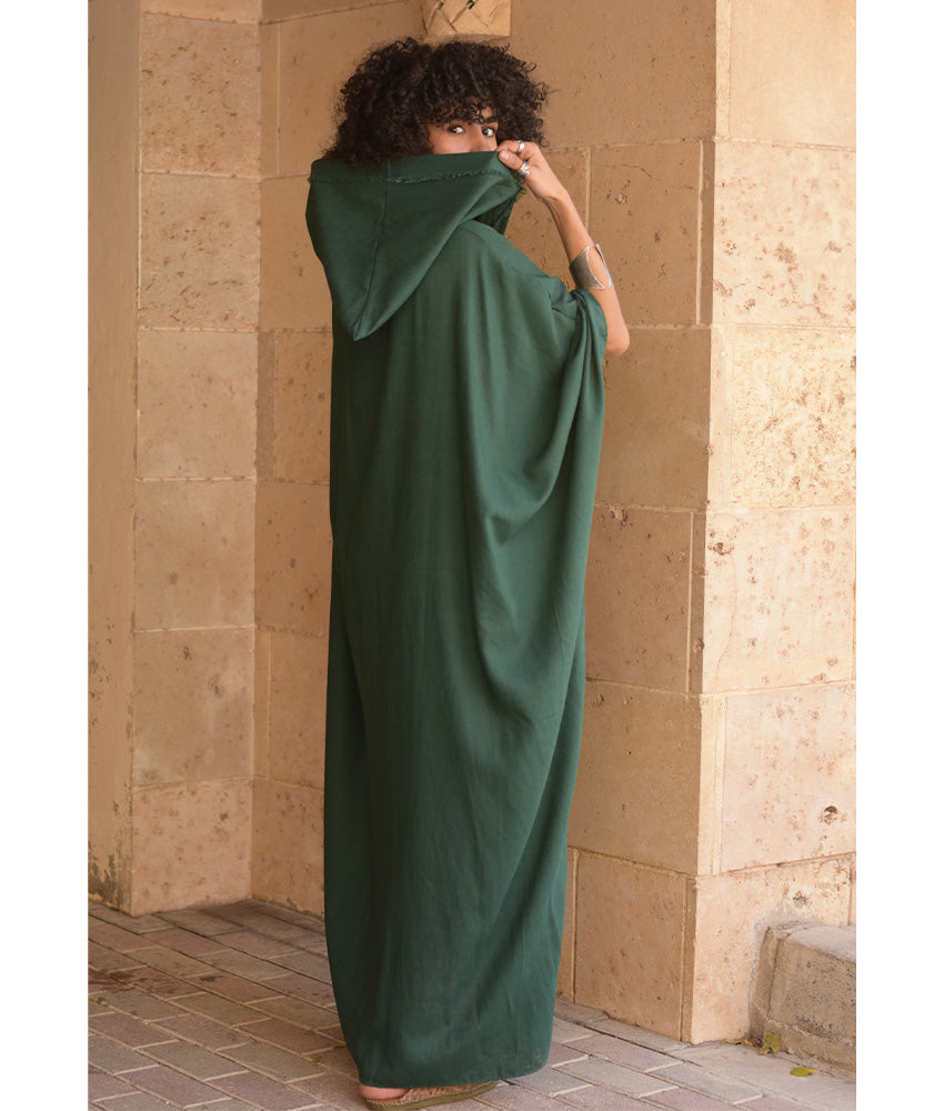 Emerald Green Linen Kaftan with Hoodie handmade in Egypt & available at Jozee Boutique.