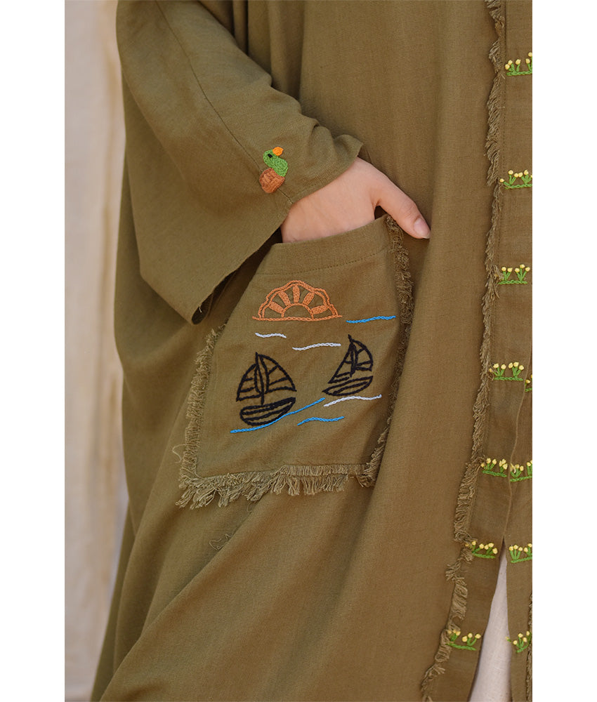 Army green Hand Embroidered Linen Cardigan/Abaya with Hoodie handmade in Egypt & available at Jozee Boutique.