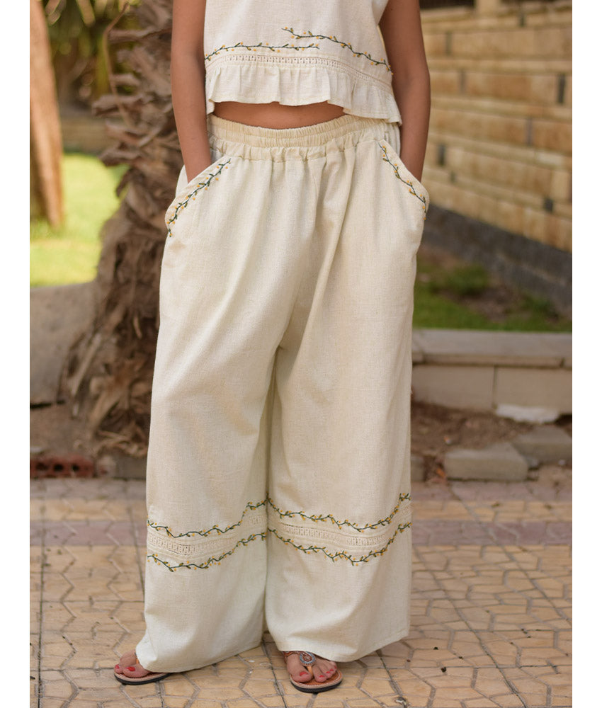 Off White Linen Set with Hand Embroideries handmade in Egypt & available at Jozee Boutique.