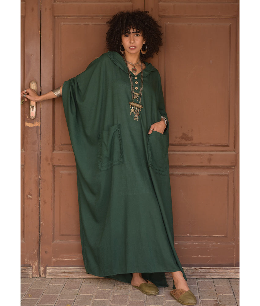 Emerald Green Linen Kaftan with Hoodie handmade in Egypt & available at Jozee Boutique.