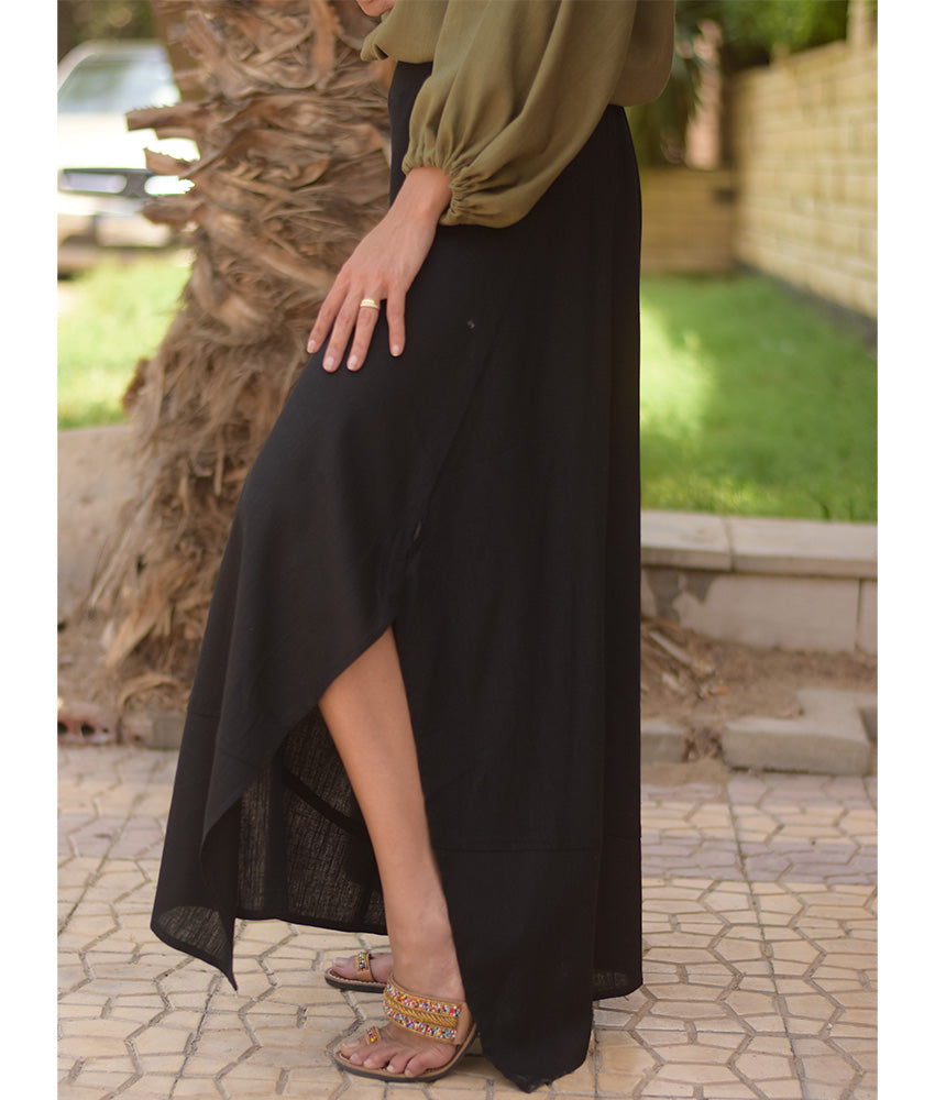 Black Linen Draped Wide-Leg Pants handmade in Egypt & available in Jozee boutique