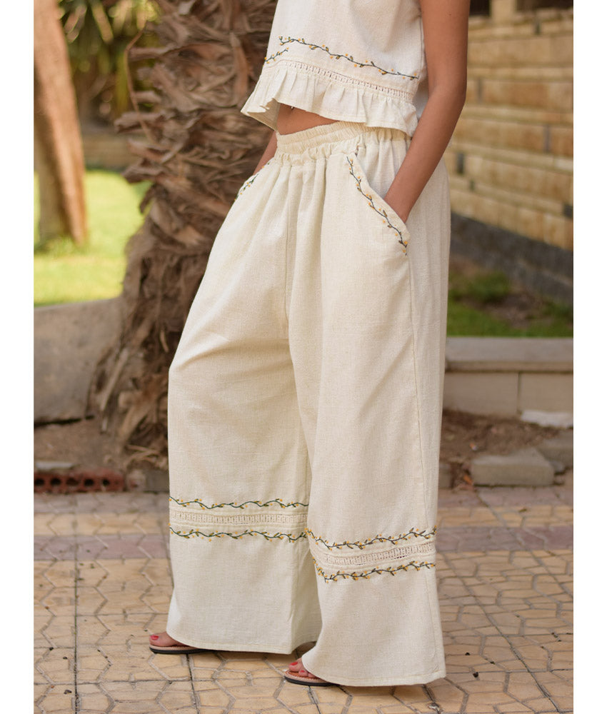 Off White Linen Set with Hand Embroideries handmade in Egypt & available at Jozee Boutique.
