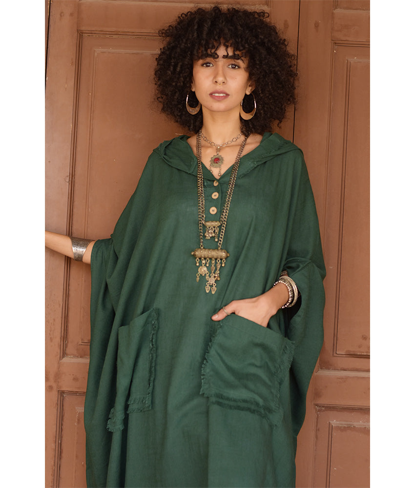 Emerald Green Linen Kaftan with Hoodie handmade in Egypt & available at Jozee Boutique.