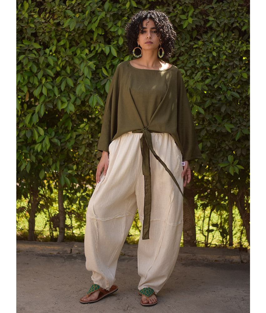 Off White Wide Leg Linen Frayed Pants handmade in Egypt & available at Jozee Boutique.