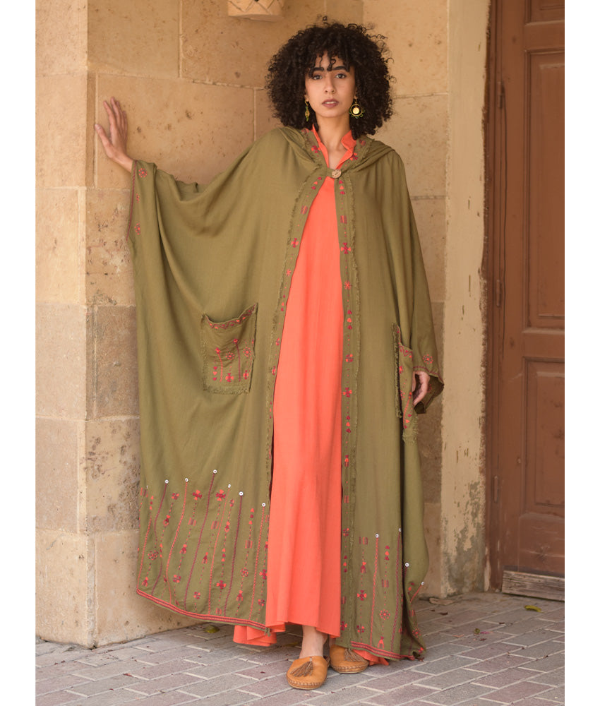 Army green Siwa Embroidered Linen Cardigan/Abaya with Hoodie handmade in Egypt & available at Jozee Boutique.