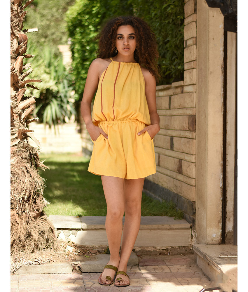 Yellow Adjustable Viscose Short Jumpsuit handmade in Egypt & available in Jozee boutique