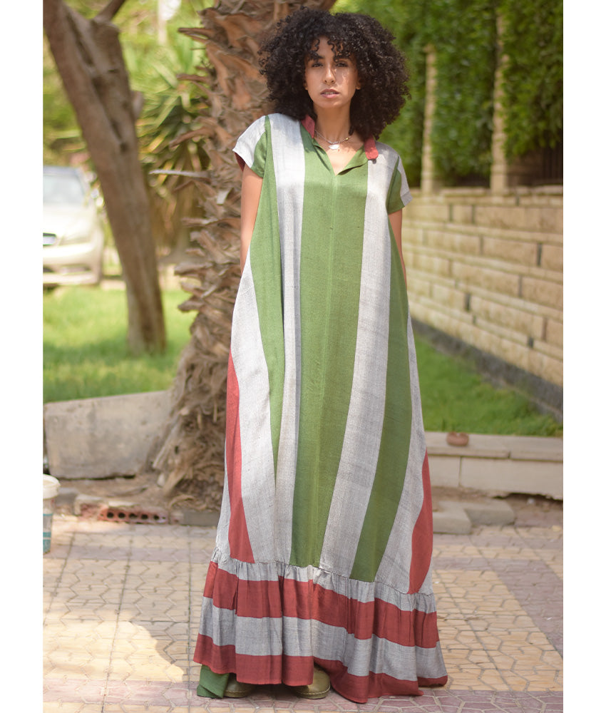 Multicolored Handwoven Ruffle Dress handmade in Egypt & available at Jozee Boutique.