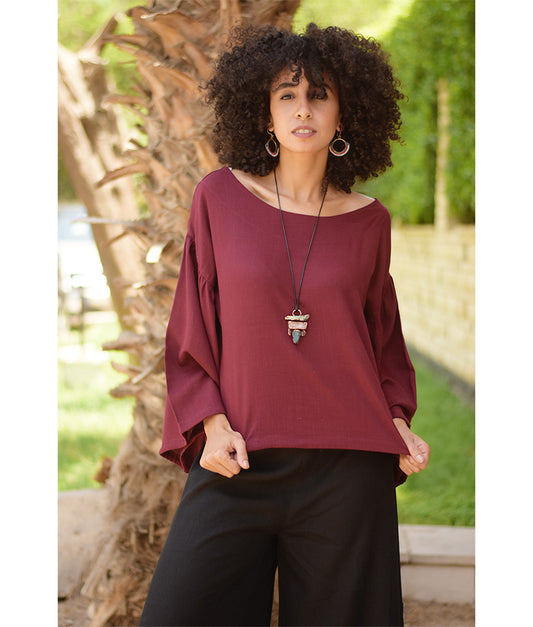 Burgundy Linen Long Sleeves Cinched Top handmade in Egypt & available at Jozee boutique